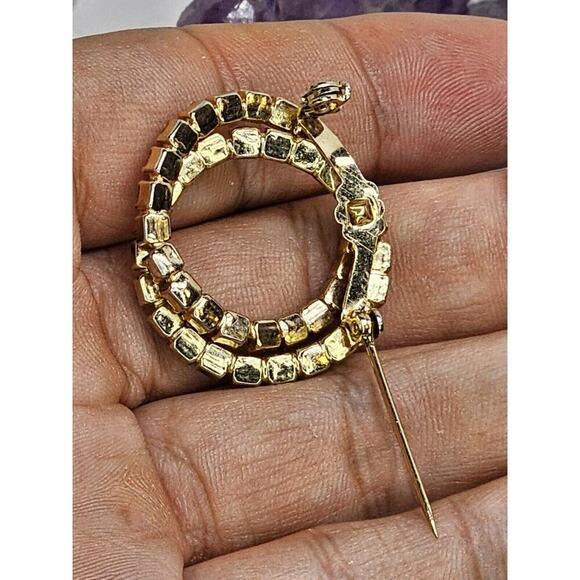 Vintage Unsigned Gold Tone - Rhinestone - Uranium Glass Double Halo Brooch - Picture 6 of 8